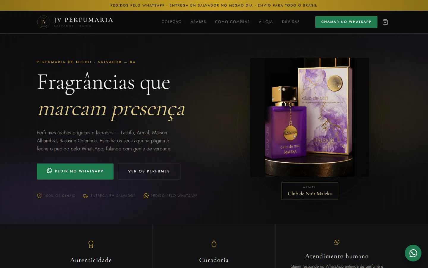 Página inicial do site da JV Perfumaria no computador